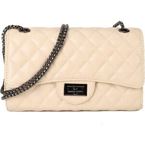 Women Beige PU Quilted Stylish Crossbody Bags with Chain Strap & Flap Closure